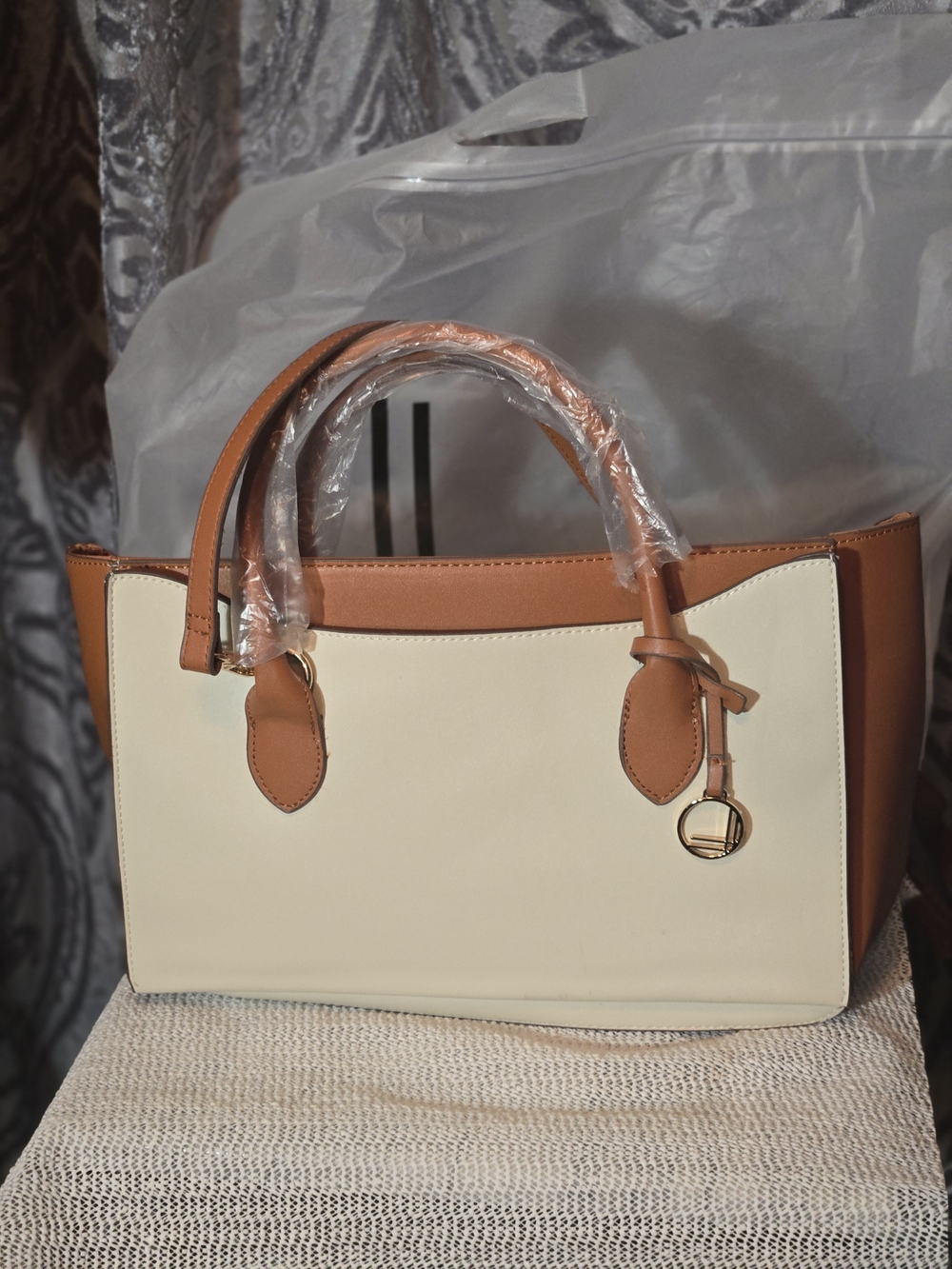 Cream and Tan Structured Shoulder Tote